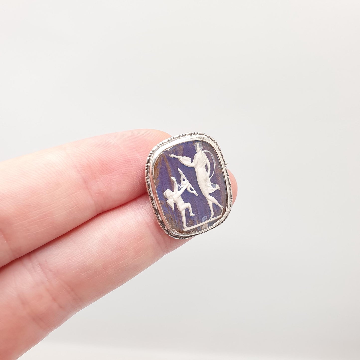 Antique Sterling Silver Butterfly Wing Cameo Brooch Cupid Angel Art Deco Blue Morpho Vintage 1920s Jewelry Jewellery