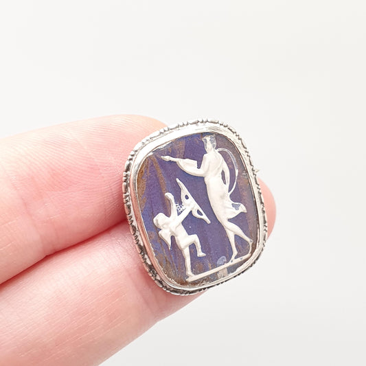 Antique Sterling Silver Butterfly Wing Cameo Brooch Cupid Angel Art Deco Blue Morpho Vintage 1920s Jewelry Jewellery