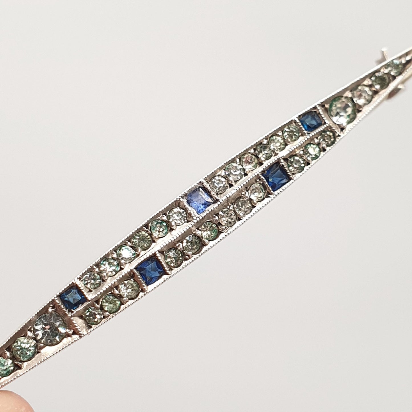 Antique Sterling Silver Sapphire Diamond Paste Brooch Art Deco Pave Channel Set Geometric 1920s Vintage Solid 935 Womens Jewellery Jewelry