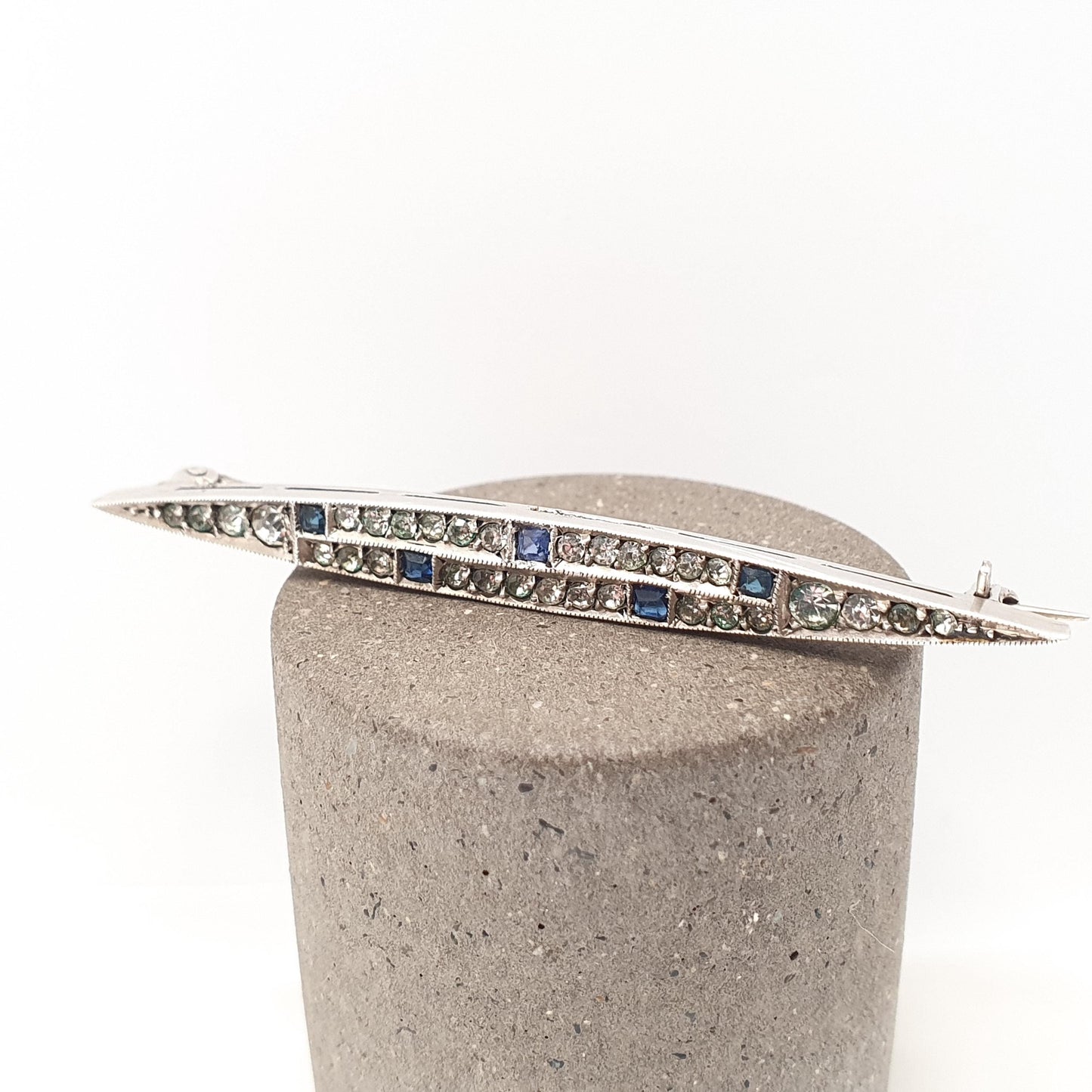 Antique Sterling Silver Sapphire Diamond Paste Brooch Art Deco Pave Channel Set Geometric 1920s Vintage Solid 935 Womens Jewellery Jewelry