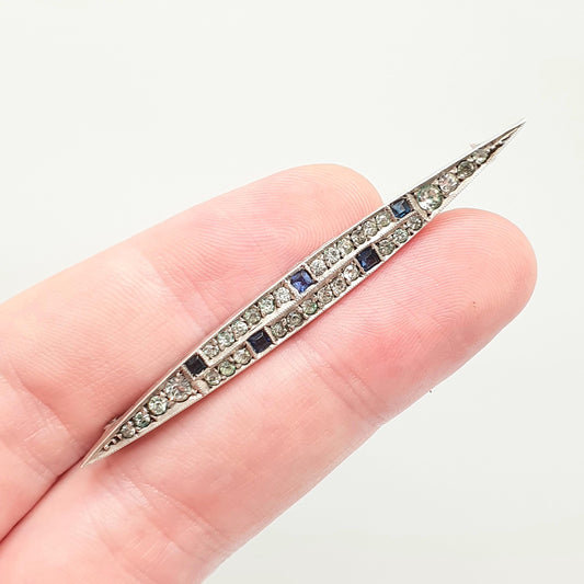 Antique Sterling Silver Sapphire Diamond Paste Brooch Art Deco Pave Channel Set Geometric 1920s Vintage Solid 935 Womens Jewellery Jewelry
