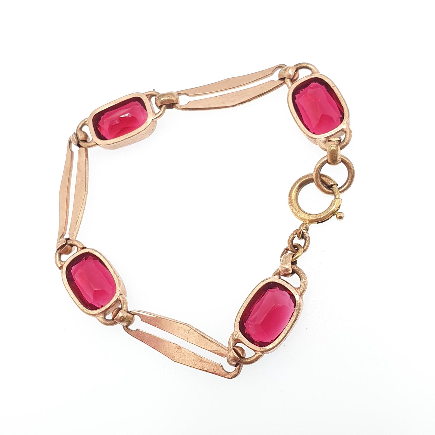 Antique Rolled Gold Filled Bracelet Ruby Paste Edwardian Art Nouveau Red Glass 1900s 11.85g 18cm Vintage Jewelry Jewellery Womens