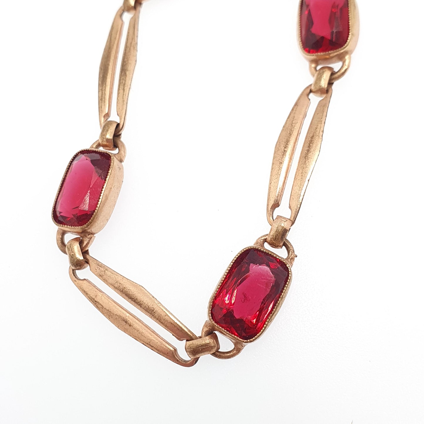 Antique Rolled Gold Filled Bracelet Ruby Paste Edwardian Art Nouveau Red Glass 1900s 11.85g 18cm Vintage Jewelry Jewellery Womens