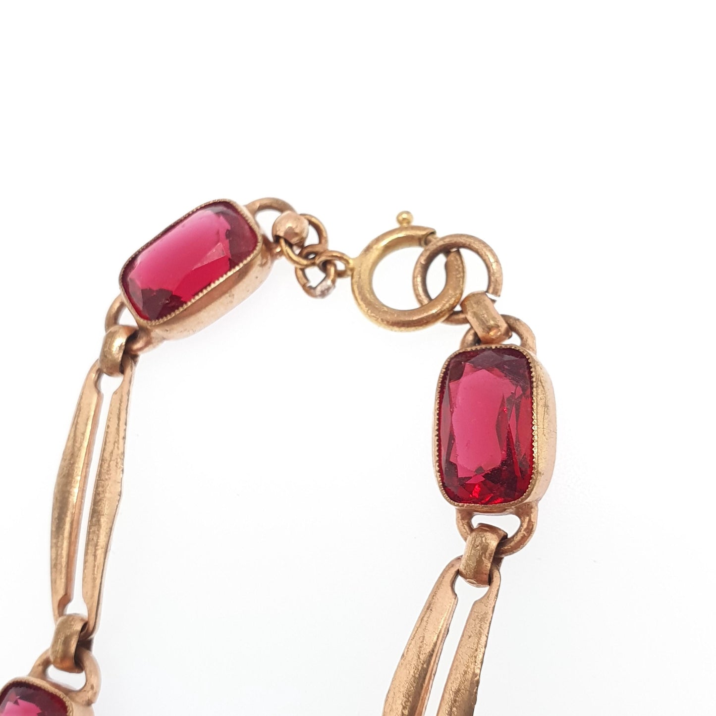 Antique Rolled Gold Filled Bracelet Ruby Paste Edwardian Art Nouveau Red Glass 1900s 11.85g 18cm Vintage Jewelry Jewellery Womens
