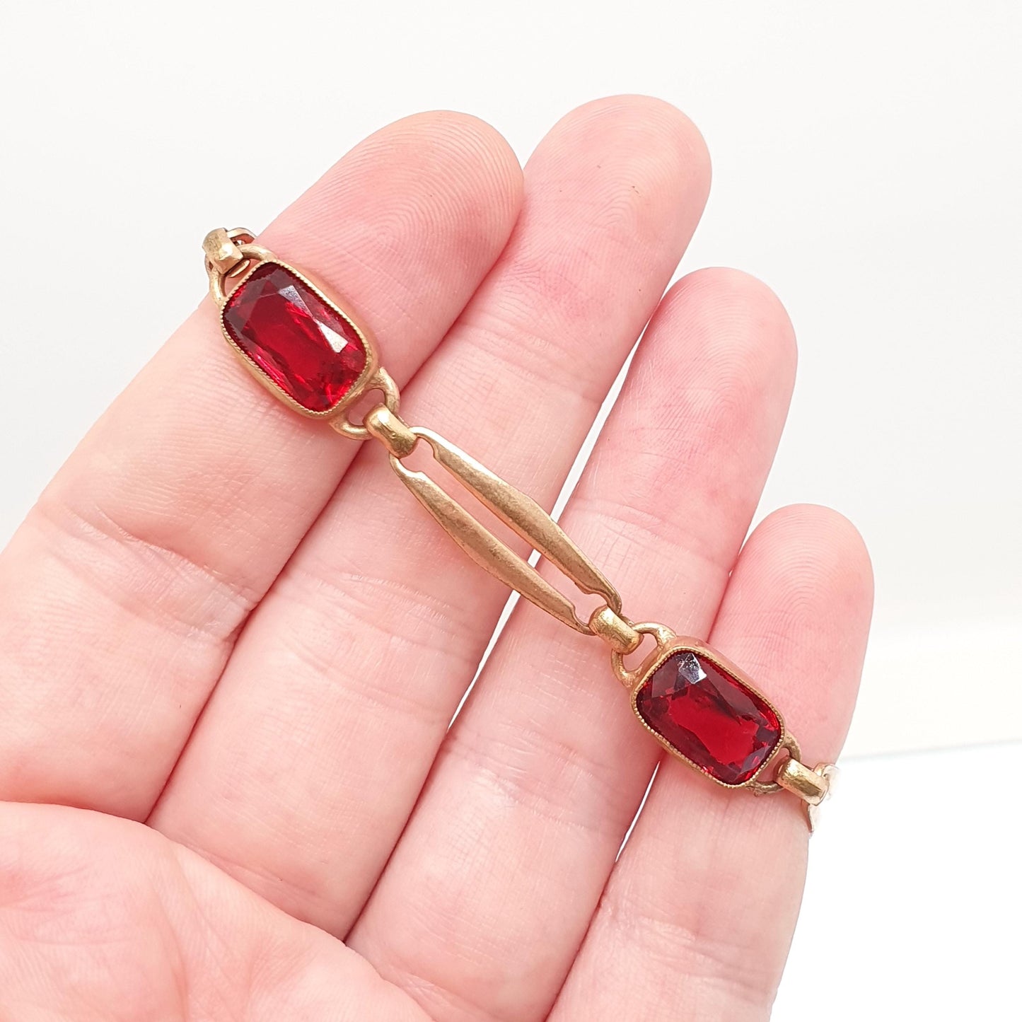 Antique Rolled Gold Filled Bracelet Ruby Paste Edwardian Art Nouveau Red Glass 1900s 11.85g 18cm Vintage Jewelry Jewellery Womens
