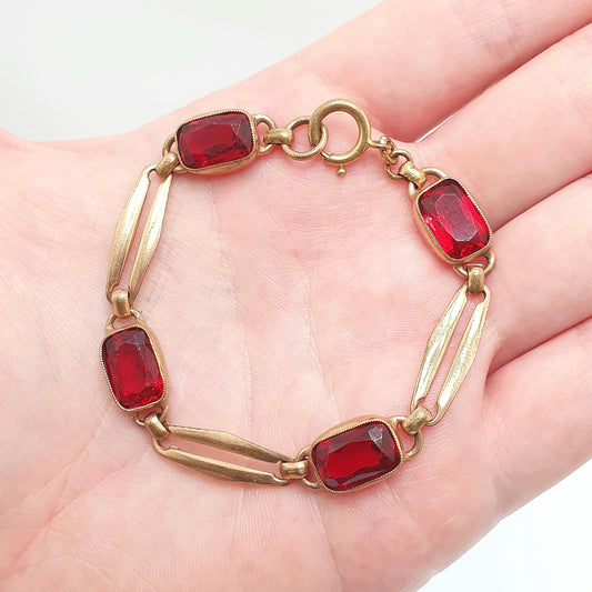 Antique Rolled Gold Filled Bracelet Ruby Paste Edwardian Art Nouveau Red Glass 1900s 11.85g 18cm Vintage Jewelry Jewellery Womens