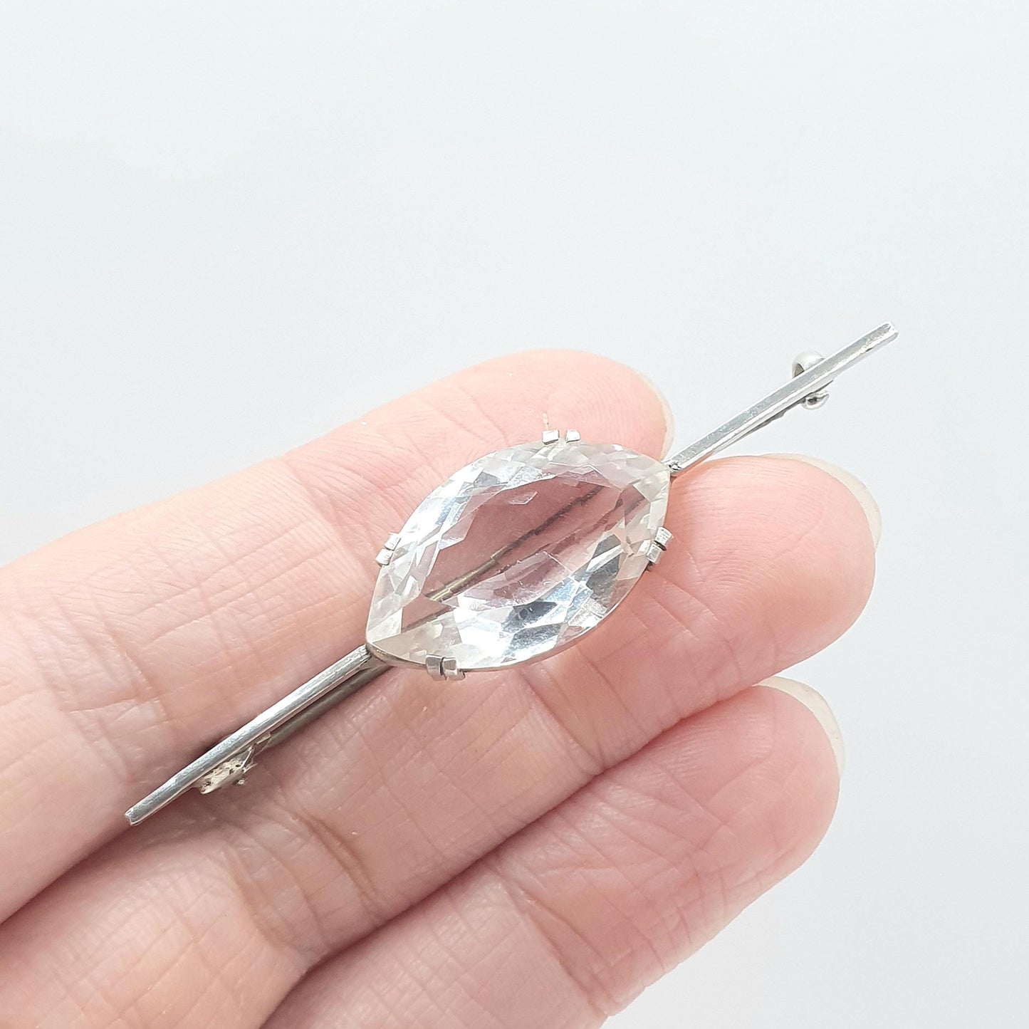 Antique Solid Silver Rock Crystal Brooch Marquise Cut White Quartz Bar Pin Clear Womens Unisex Jewelry Jewellery