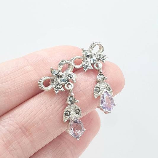 Vintage Sterling Silver Amethyst & Marcasite Earrings Bow Stud Hanging Art Deco Style Pear Cut Drop Womens Jewelry Jewellery