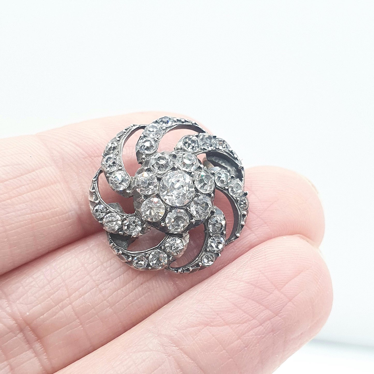Antique Victorian Diamond Paste Solid Silver Brooch Spiral Swirl Old Cut Ornate Late 1800s Sparkly Foiled Glass Jewelry Jewellery