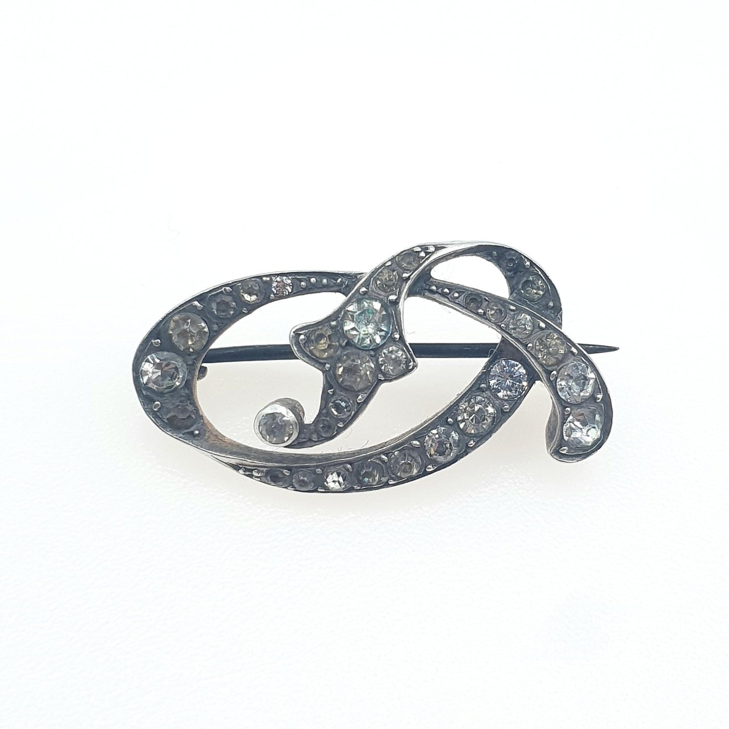 Antique Victorian Solid Silver Diamond Paste Brooch Pin Scroll Art Nouveau Ornate Late 1800s Vintage Foiled Glass Jewelry Jewellery