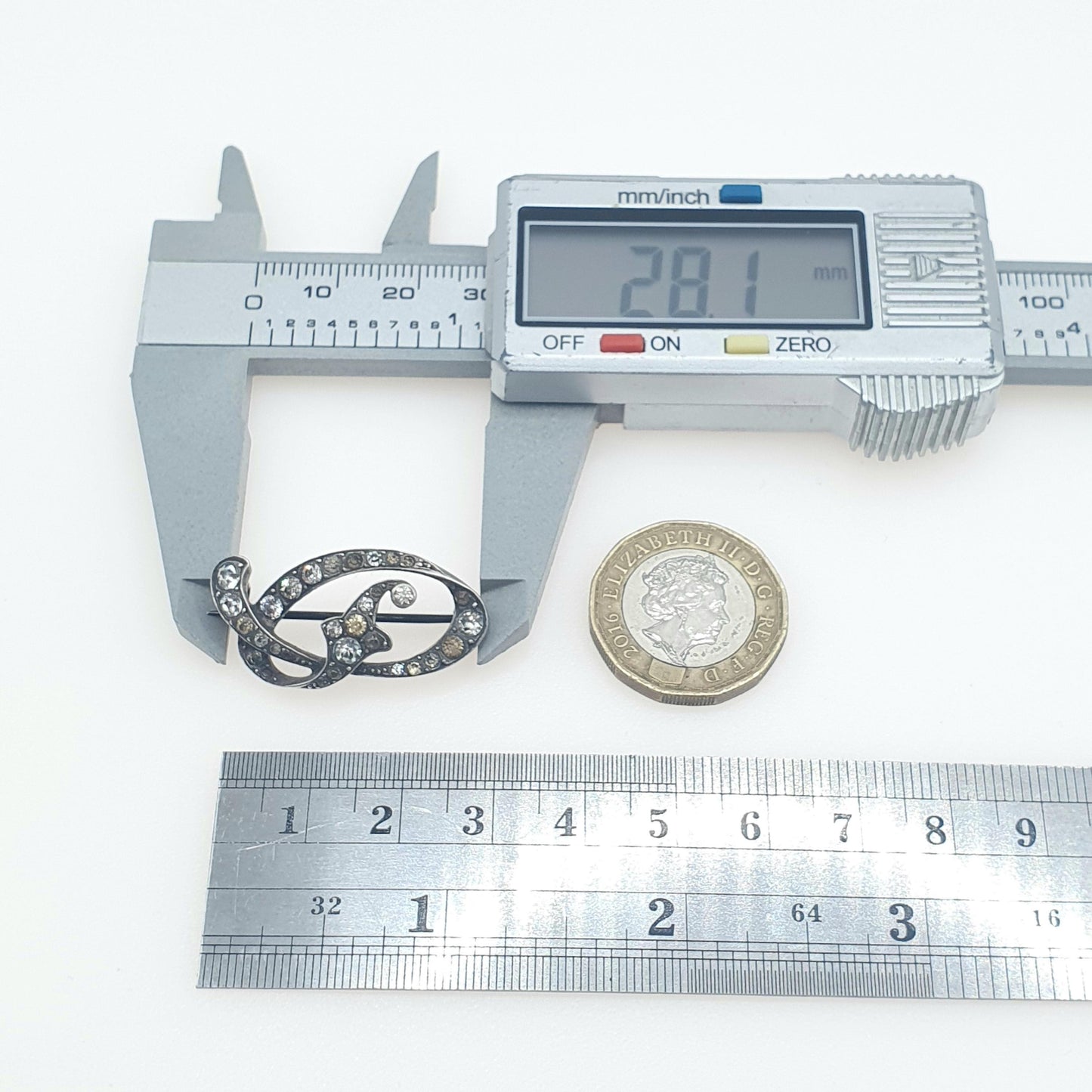 Antique Victorian Solid Silver Diamond Paste Brooch Pin Scroll Art Nouveau Ornate Late 1800s Vintage Foiled Glass Jewelry Jewellery