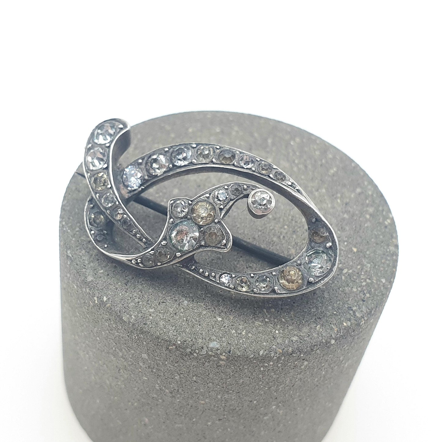 Antique Victorian Solid Silver Diamond Paste Brooch Pin Scroll Art Nouveau Ornate Late 1800s Vintage Foiled Glass Jewelry Jewellery