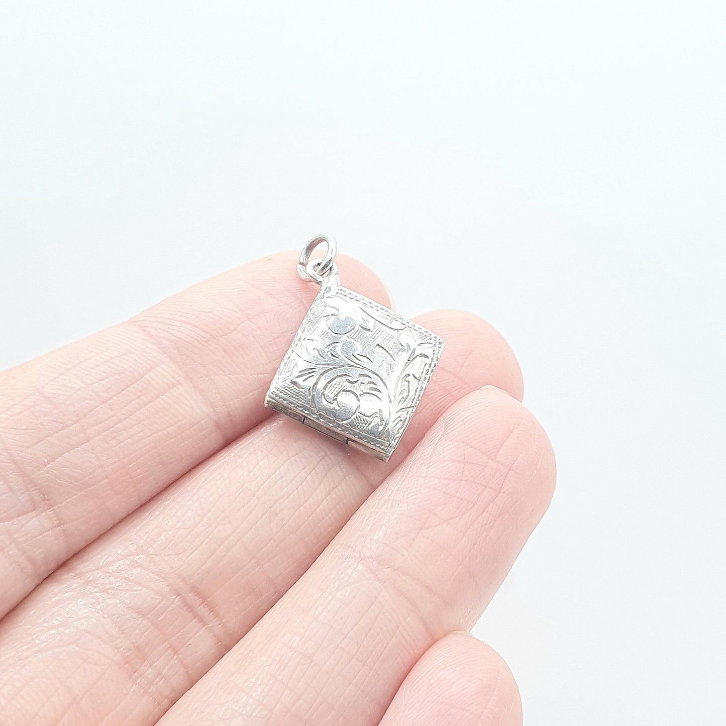 Vintage Sterling Silver Square Locket Small Tiny Necklace Pendant Engraved Picture Photo Jewelry Jewellery
