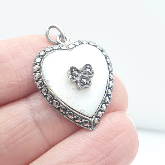 Antique Art Deco Solid Silver Heart Clover Necklace Marcasite Mother of Pearl Pendant Charm Jewelry Vintage Jewellery