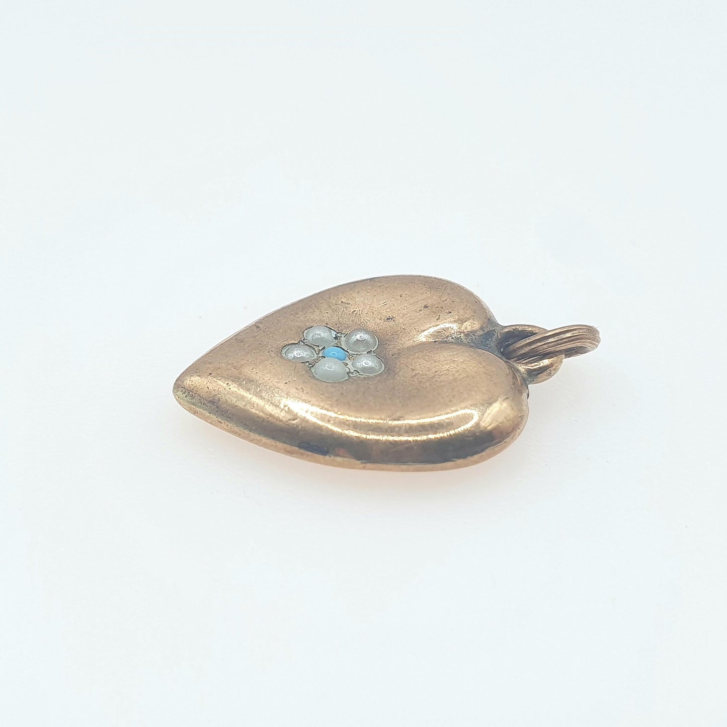 Antique Victorian Rolled Gold Heart Faux Seed Pearl Turquoise Necklace Pendant Charm Puffer Gold Filled Womens Jewelry Vintage Jewellery