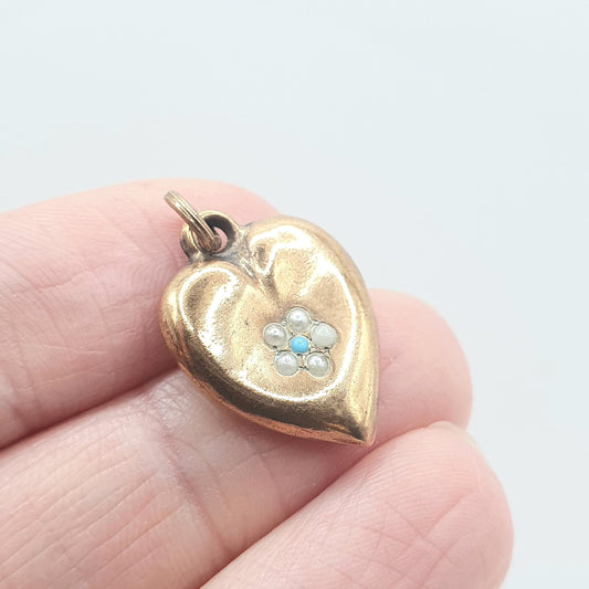 Antique Victorian Rolled Gold Heart Faux Seed Pearl Turquoise Necklace Pendant Charm Puffer Gold Filled Womens Jewelry Vintage Jewellery
