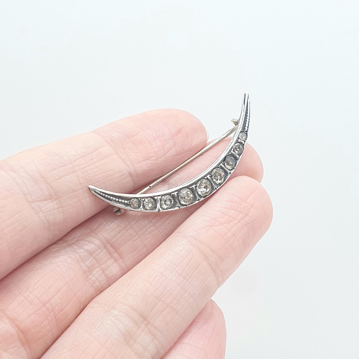 Antique Solid Silver Crescent Moon Diamond Paste Brooch Victorian Sparkly Vintage Celestial Womens Jewelry Jewellery 1800s Genuine