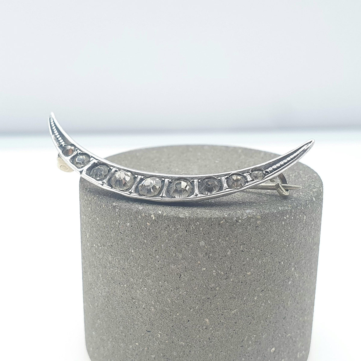 Antique Solid Silver Crescent Moon Diamond Paste Brooch Victorian Sparkly Vintage Celestial Womens Jewelry Jewellery 1800s Genuine