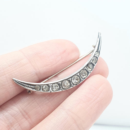 Antique Solid Silver Crescent Moon Diamond Paste Brooch Victorian Sparkly Vintage Celestial Womens Jewelry Jewellery 1800s Genuine