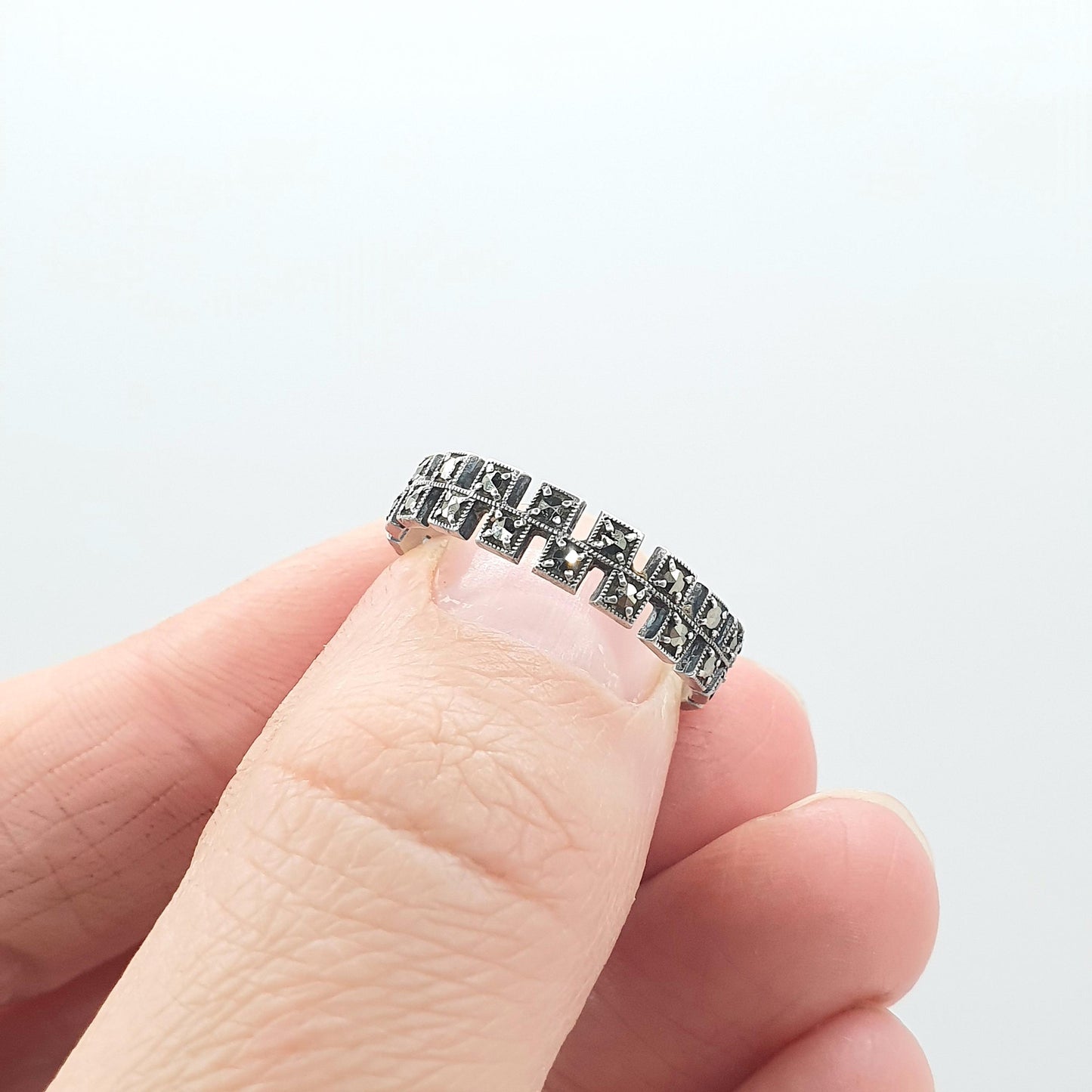 Antique Art Deco Solid Silver Marcasite Eternity Ring Stepped Flapper 1920s Unisex Womens Jewelry Jewellery