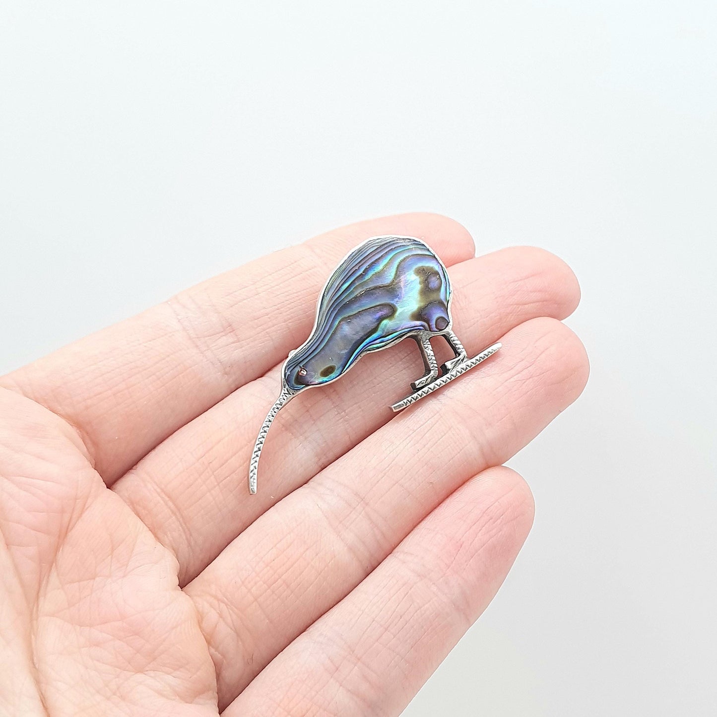 Old Vintage Sterling Silver Kiwi Bird Brooch Abalone Shell NZ New Zealand National Birds Unisex Jewelry Jewellery Bird Animal
