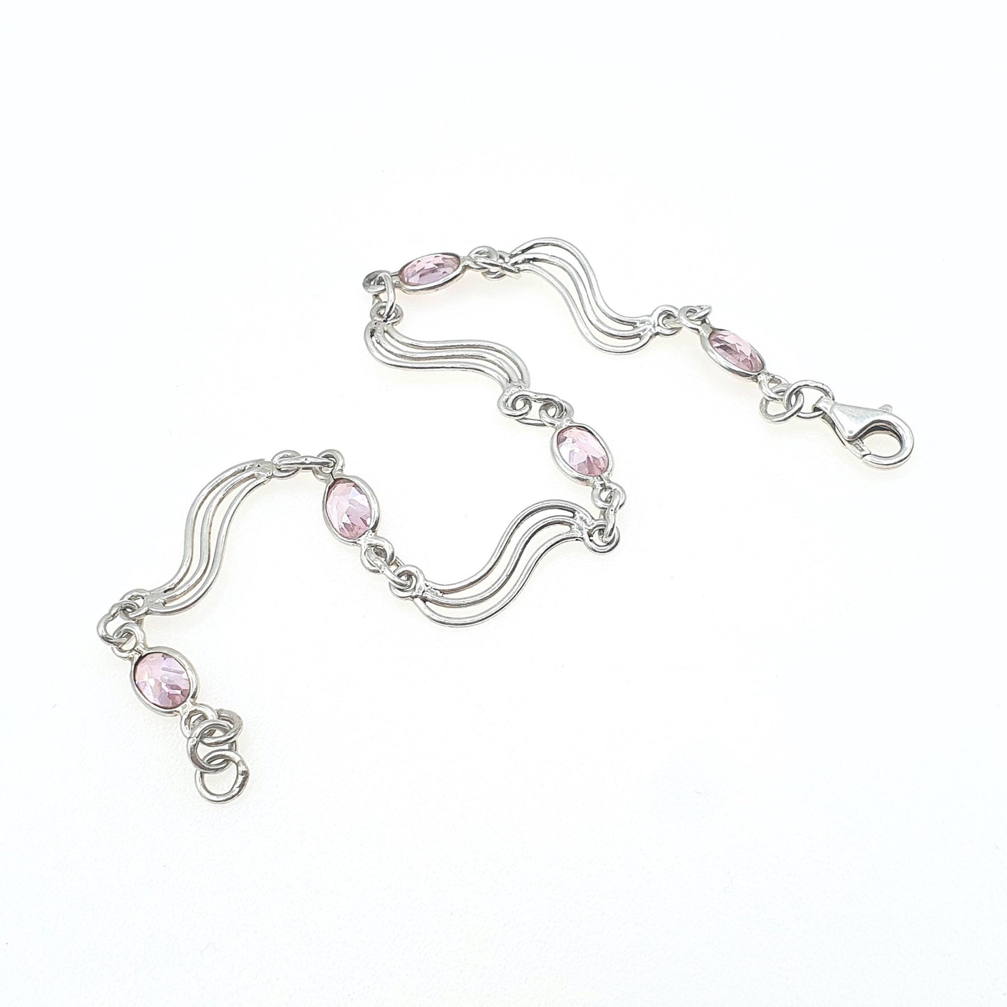 Vintage Sterling Silver Pink CZ Bracelet Wave Link Modernist Oval Cut Womens Retro Jewelry Jewellery