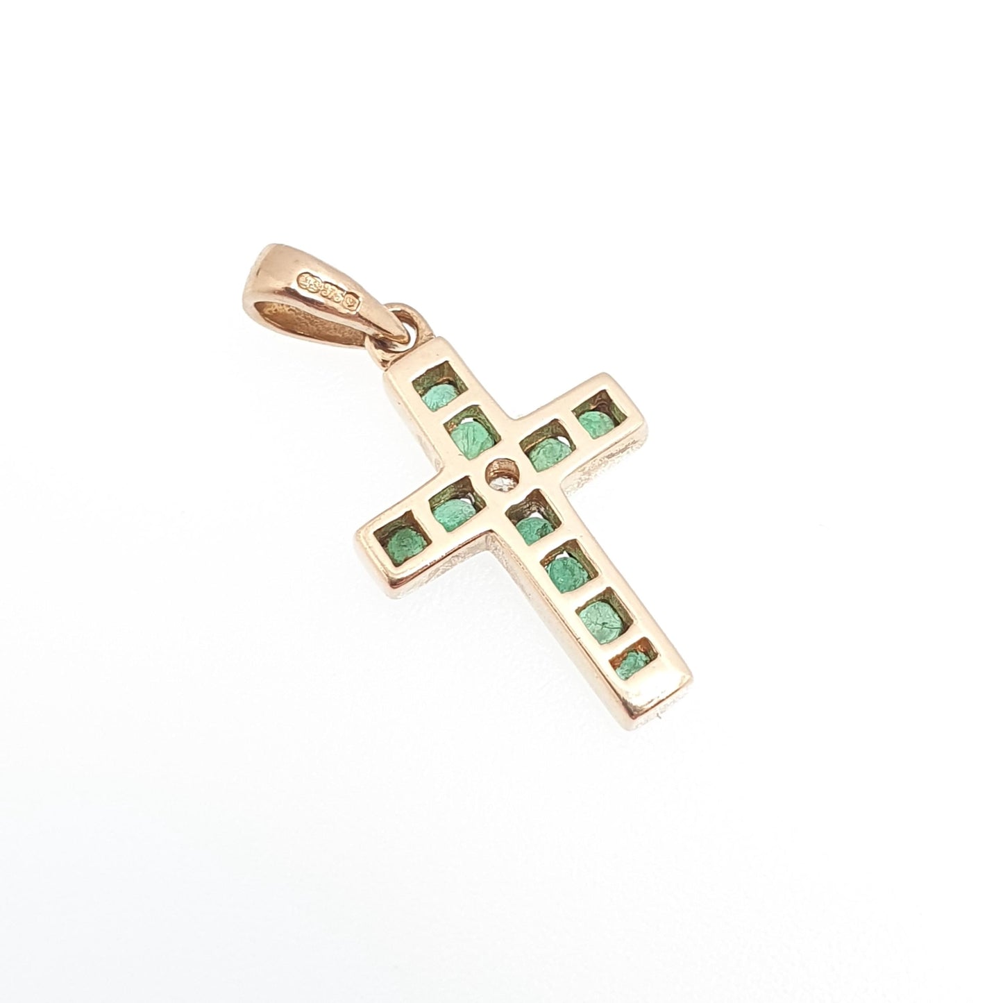 Vintage 9ct Gold Emerald & Diamond Pendant Cross Necklace Crucifix Solid 9kt 9k Genuine Gemstone Jewelry Jewellery