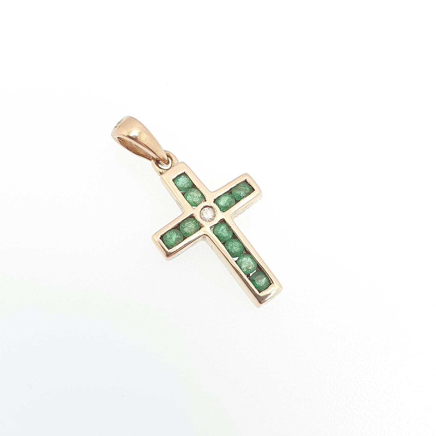 Vintage 9ct Gold Emerald & Diamond Pendant Cross Necklace Crucifix Solid 9kt 9k Genuine Gemstone Jewelry Jewellery