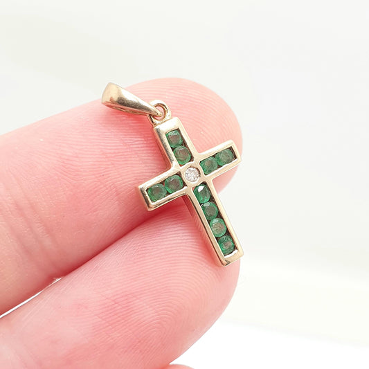 Vintage 9ct Gold Emerald & Diamond Pendant Cross Necklace Crucifix Solid 9kt 9k Genuine Gemstone Jewelry Jewellery