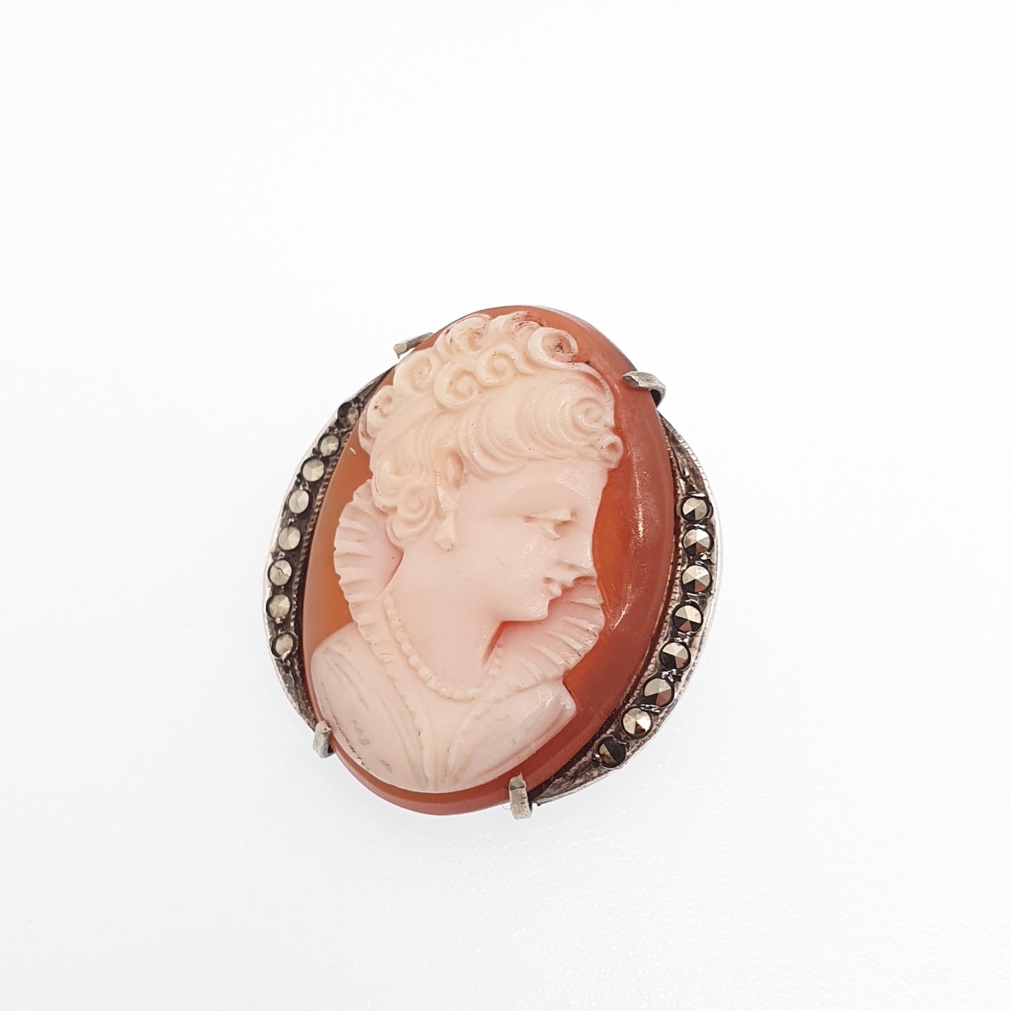 Antique Solid Silver Cameo Necklace Pendant Brooch Lady with Collar Marcasite Art Deco Shell Hand Carved