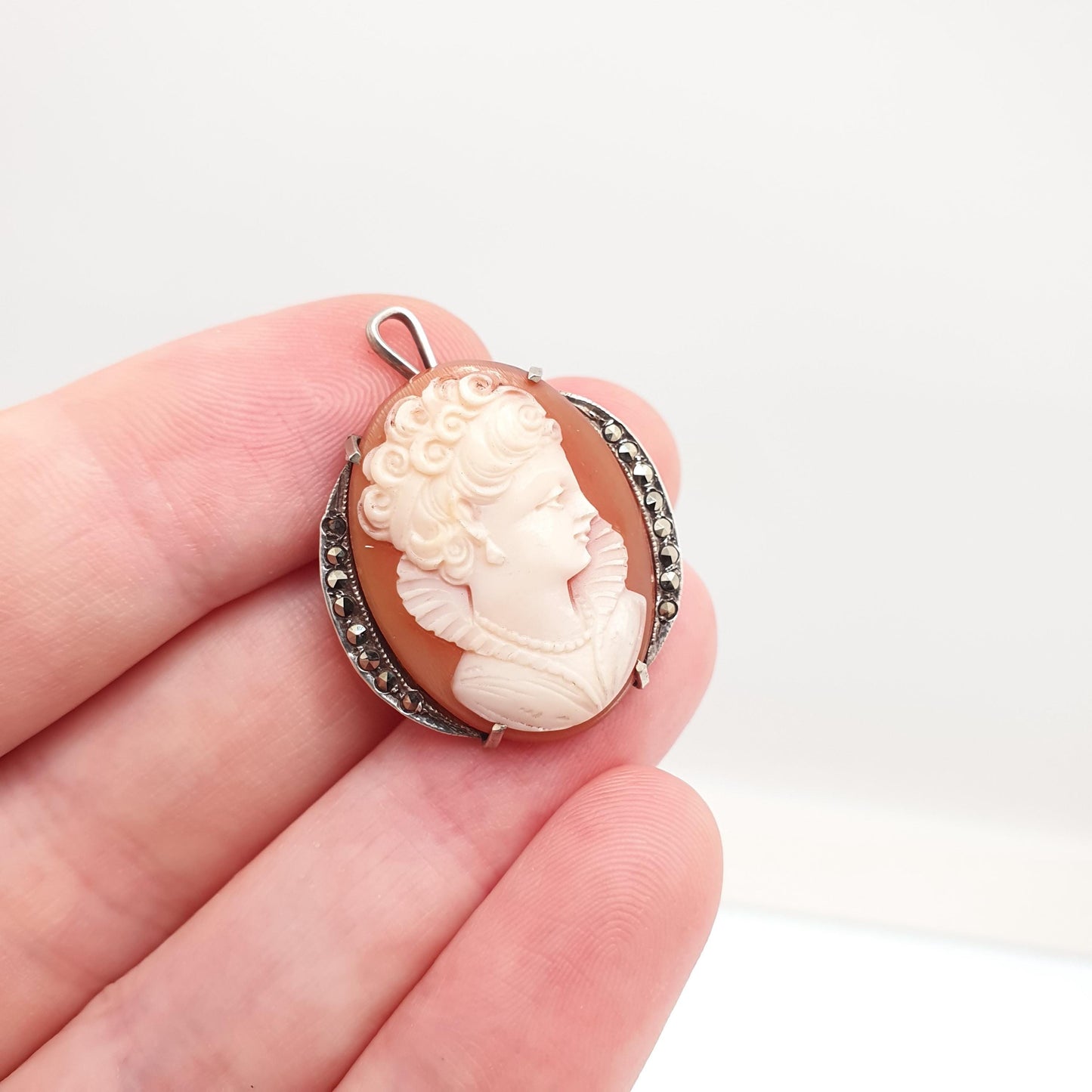 Antique Solid Silver Cameo Necklace Pendant Brooch Lady with Collar Marcasite Art Deco Shell Hand Carved