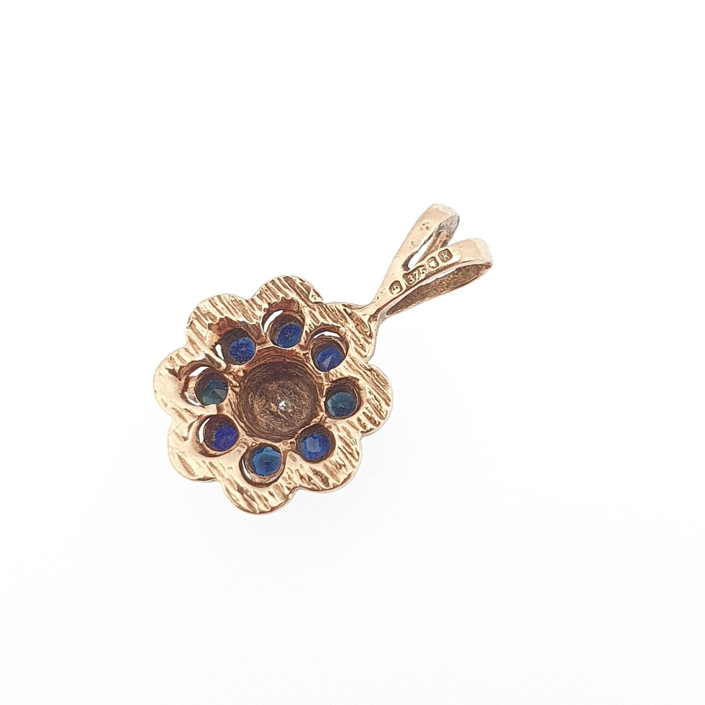 Vintage 9k 9ct Gold Sapphire & Diamond Necklace Cluster Pendant Halo Solid 375 Yellow Womens Jewelry Retro Jewellery