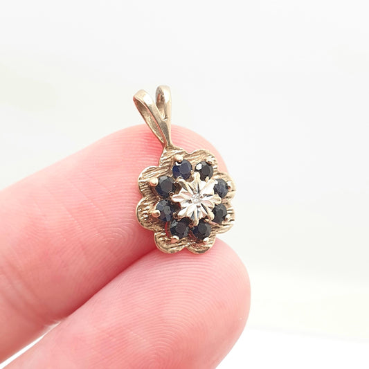 Vintage 9k 9ct Gold Sapphire & Diamond Necklace Cluster Pendant Halo Solid 375 Yellow Womens Jewelry Retro Jewellery