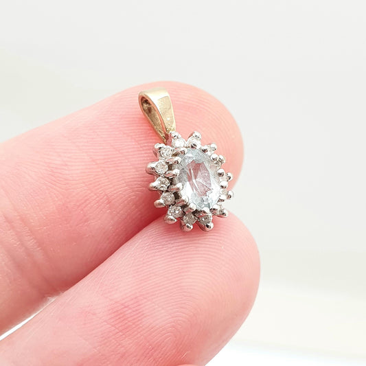 Vintage 9ct 9k Gold Aquamarine & Diamond Necklace Pendant Oval Cut Solid 375 Gemstone Sky Blue Small Womens Jewelry Jewellery