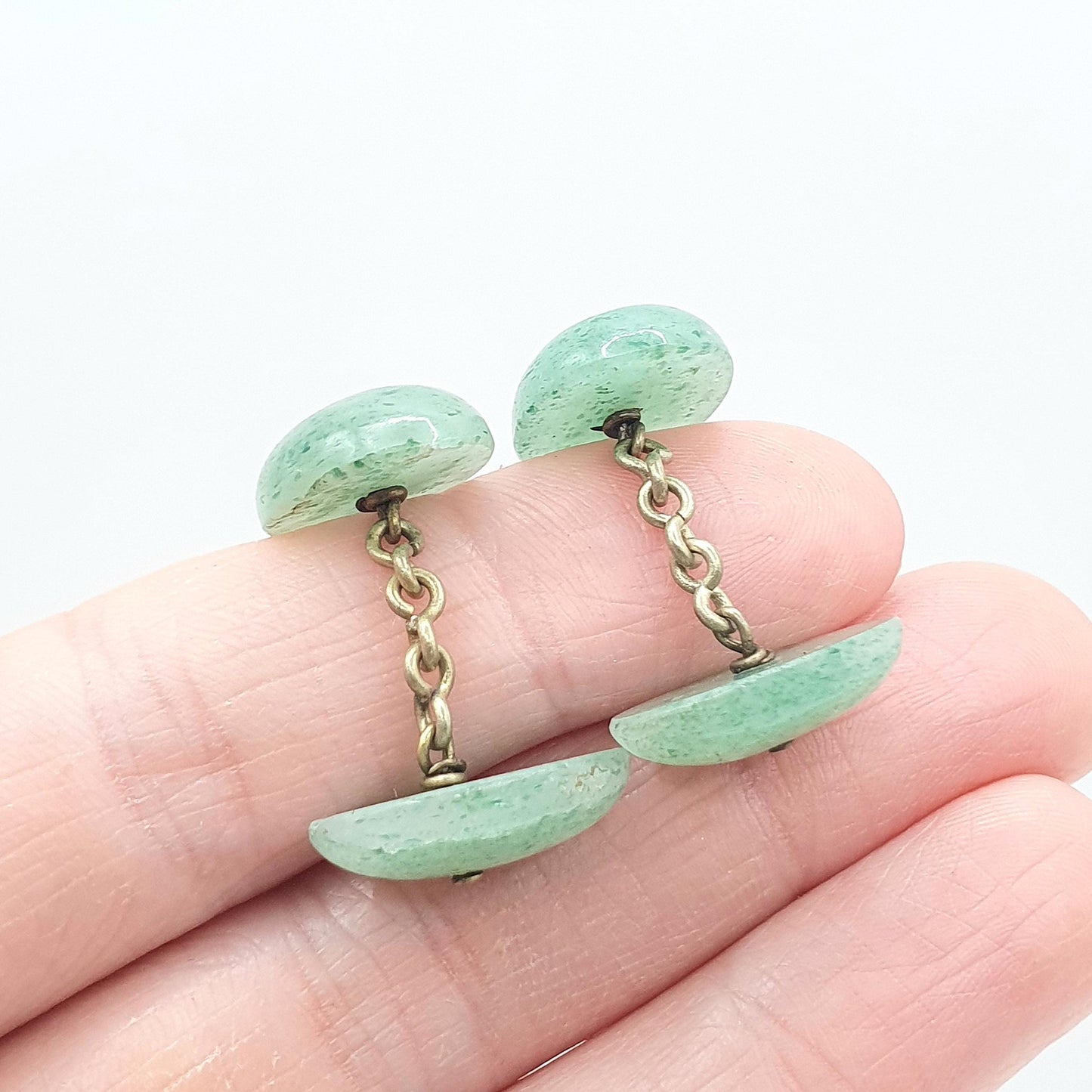 Antique Victorian Aventurine Cuff Links Green Quartz Chain Link Oval Cabochon Gold Tone Base Metal Mens Vintage Unisex Jewelry Jewellery