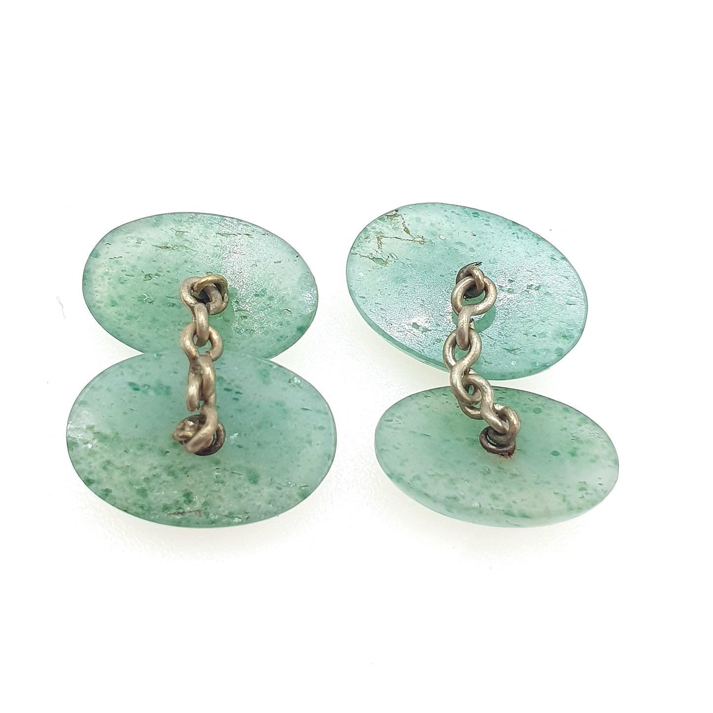 Antique Victorian Aventurine Cuff Links Green Quartz Chain Link Oval Cabochon Gold Tone Base Metal Mens Vintage Unisex Jewelry Jewellery