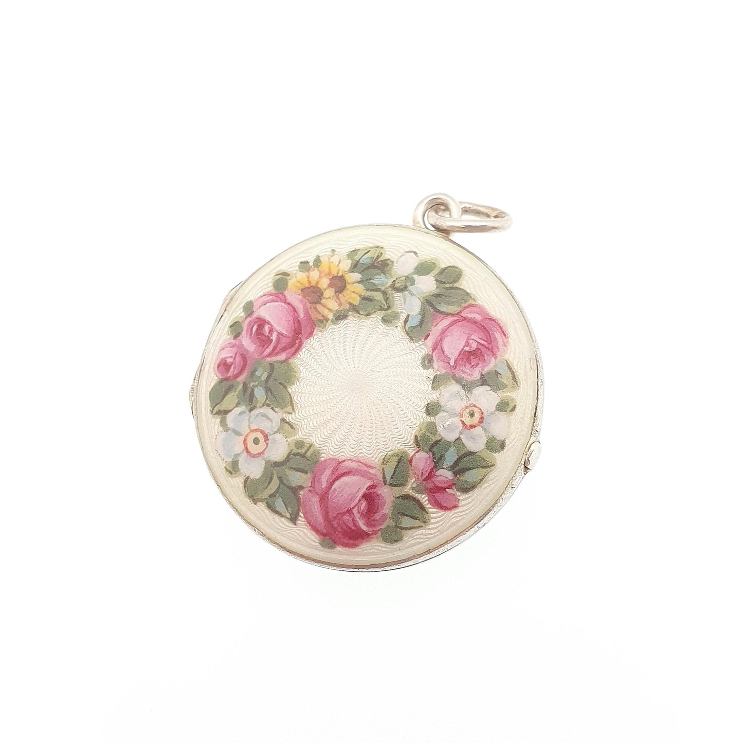 Antique Guilloche Enamel Solid Silver Locket Edwardian Rose Flower Pendant Round Photo Picture Jewelry Jewelry