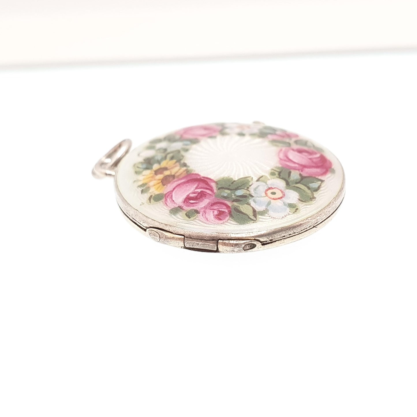 Antique Guilloche Enamel Solid Silver Locket Edwardian Rose Flower Pendant Round Photo Picture Jewelry Jewelry