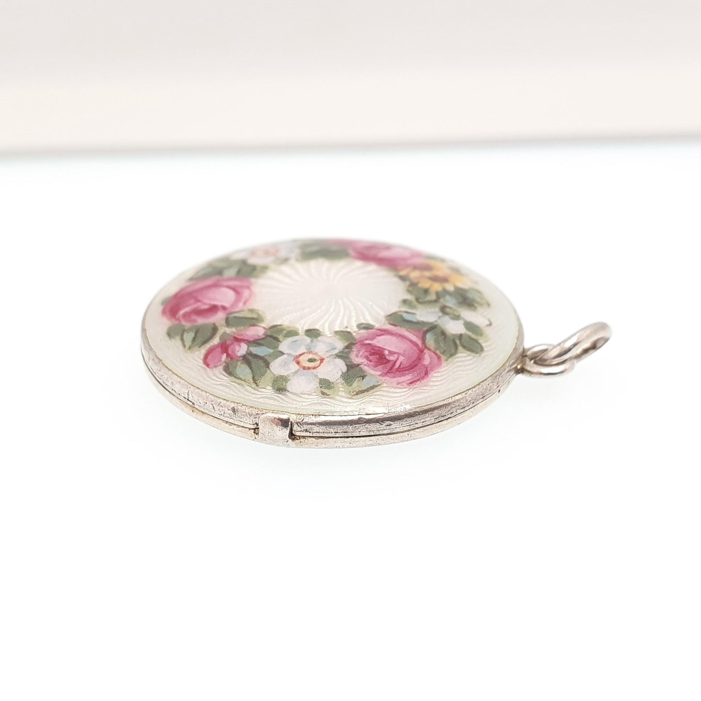 Antique Guilloche Enamel Solid Silver Locket Edwardian Rose Flower Pendant Round Photo Picture Jewelry Jewelry