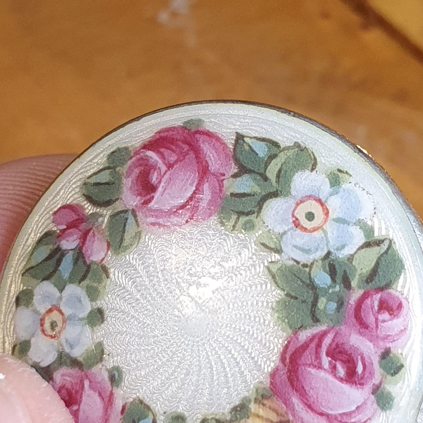Antique Guilloche Enamel Solid Silver Locket Edwardian Rose Flower Pendant Round Photo Picture Jewelry Jewelry