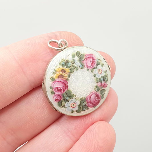 Antique Guilloche Enamel Solid Silver Locket Edwardian Rose Flower Pendant Round Photo Picture Jewelry Jewelry