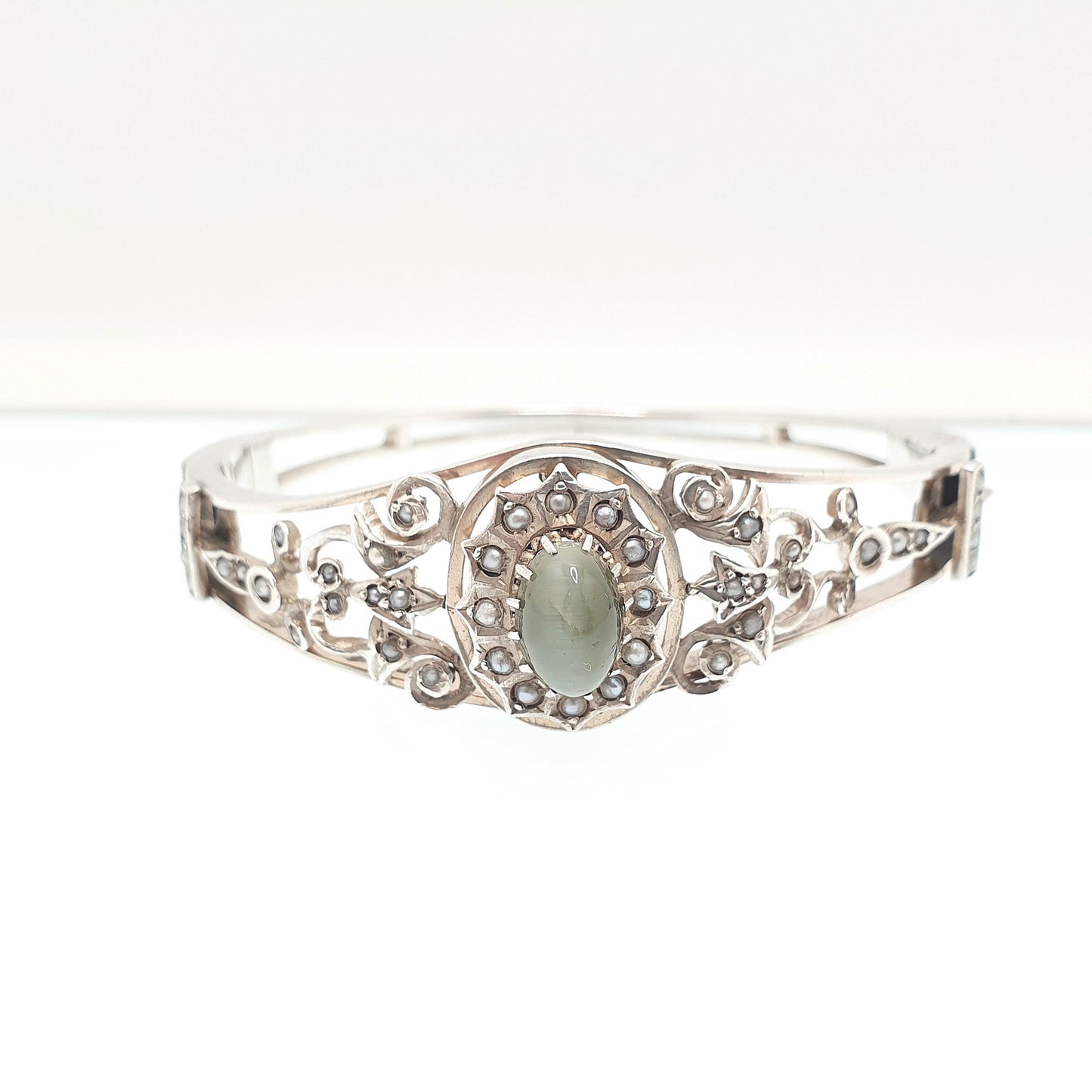 Antique Solid Silver Cats Eye Seed Pearl Bracelet Victorian Bangle Belle Epoque Handmade 19.00g Vintage Jewelry Jewellery