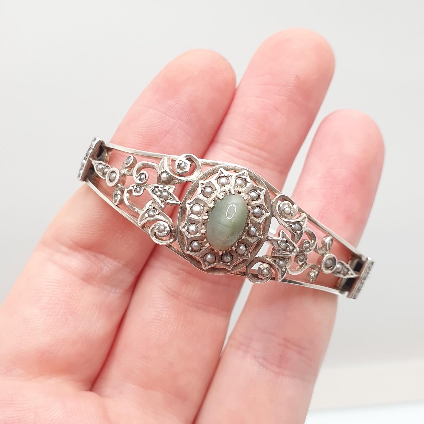 Antique Solid Silver Cats Eye Seed Pearl Bracelet Victorian Bangle Belle Epoque Handmade 19.00g Vintage Jewelry Jewellery