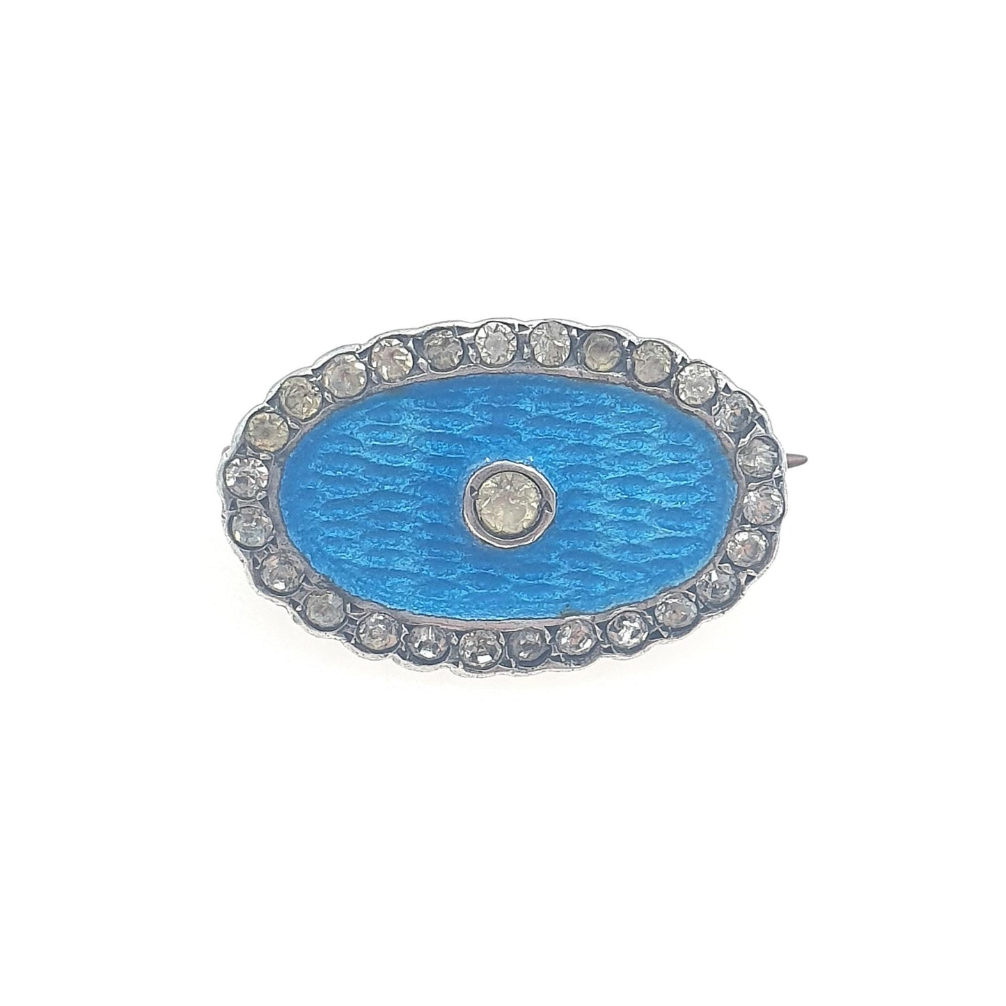 Antique Victorian Solid Silver Blue Enamel Diamond Paste Brooch Champleve Oval Sky Blue Unisex Jewelry Jewellery