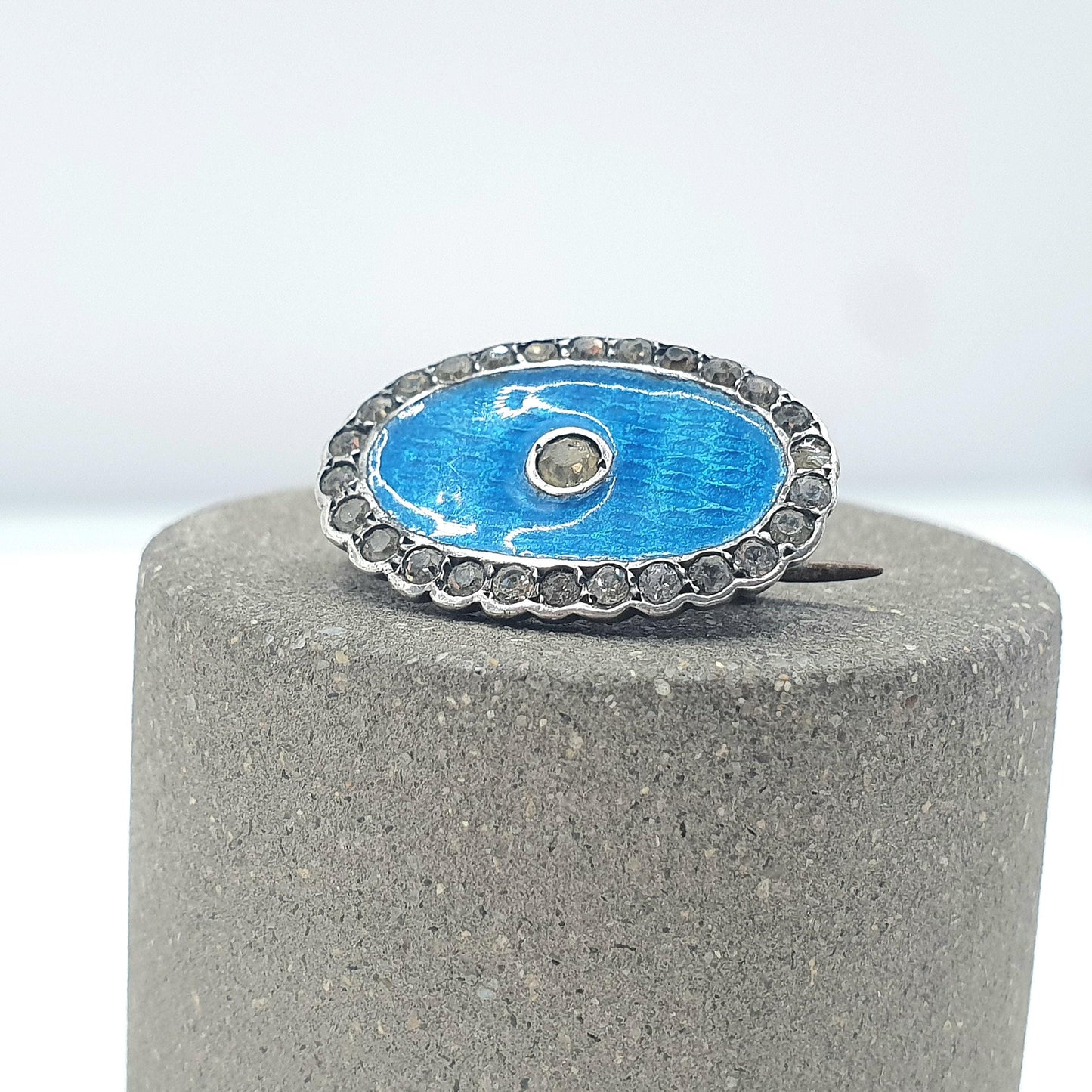 Antique Victorian Solid Silver Blue Enamel Diamond Paste Brooch Champleve Oval Sky Blue Unisex Jewelry Jewellery