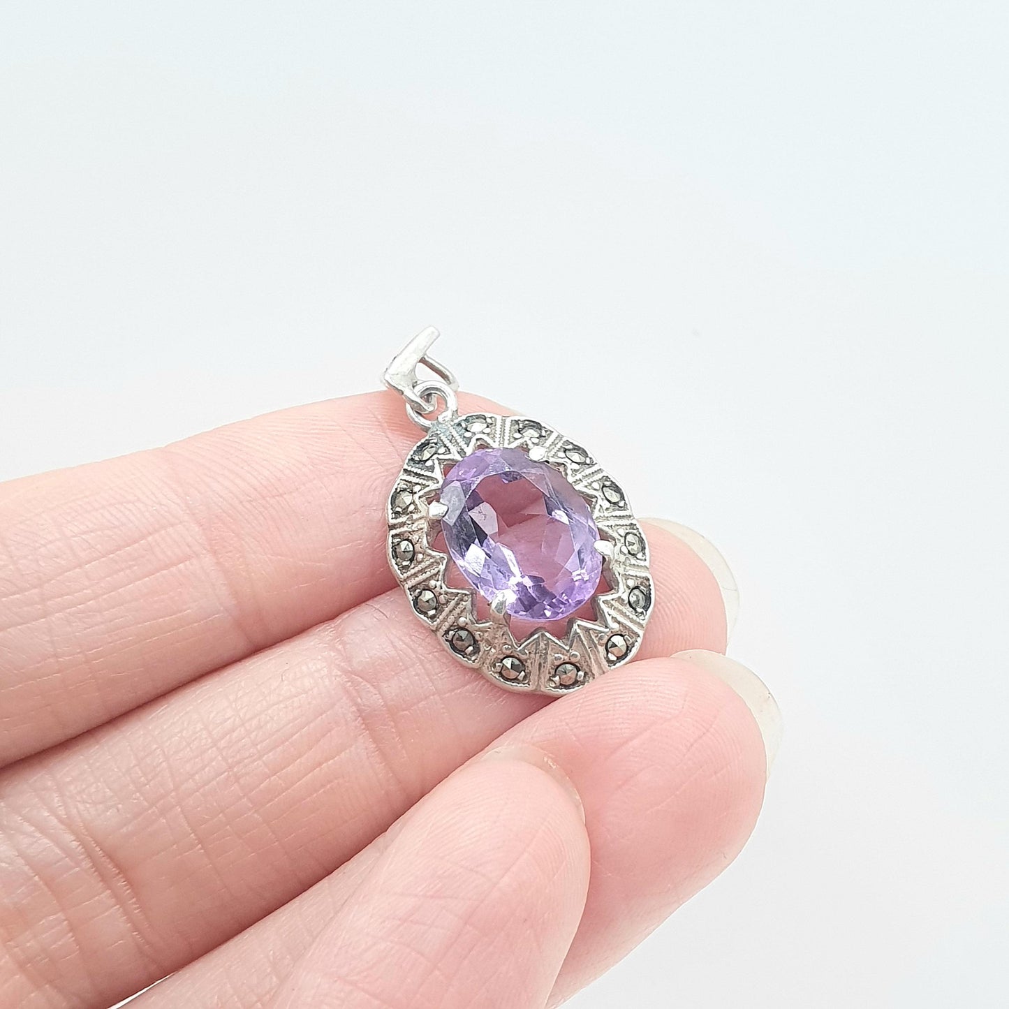 Antique Art Deco Solid Silver Amethyst Pendant Marcasite Border Oval Cut Purple Quartz Gemstone Necklace Womens Jewellery Jewelry