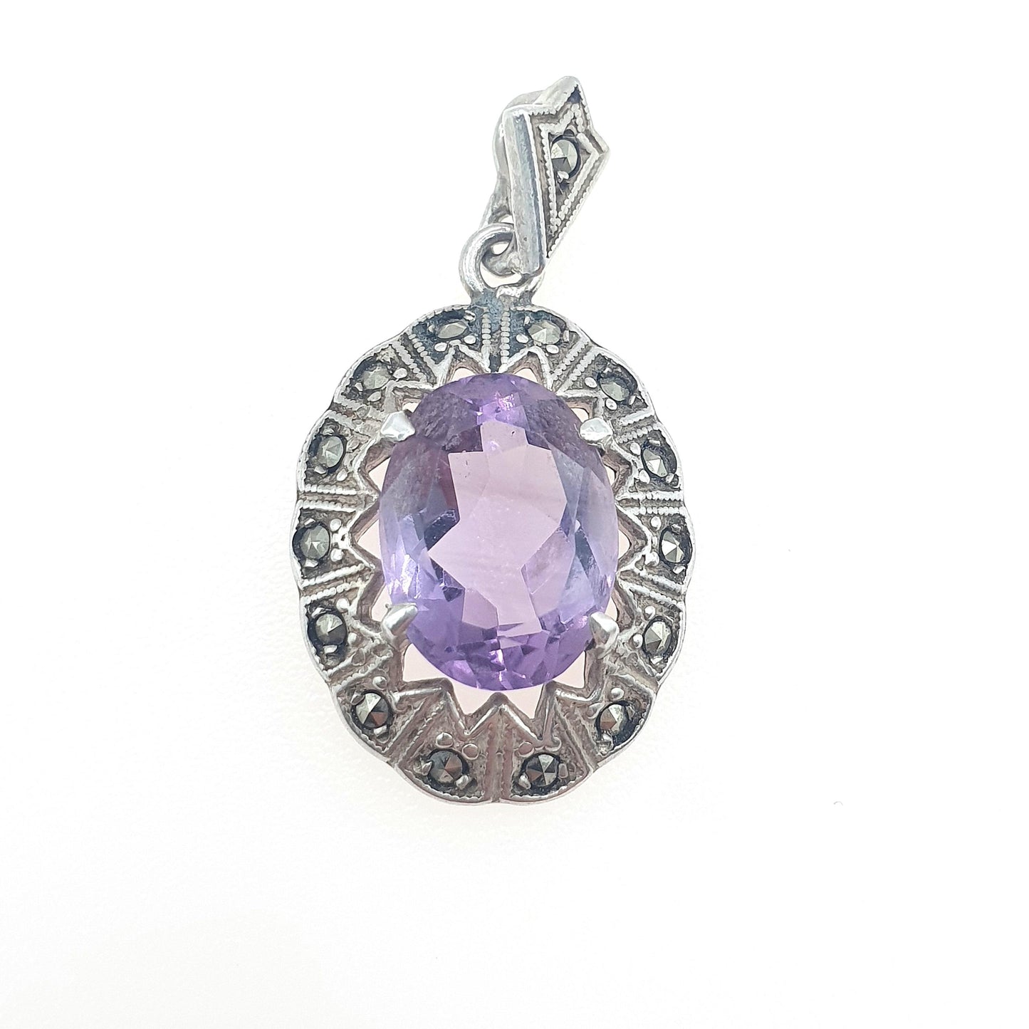 Antique Art Deco Solid Silver Amethyst Pendant Marcasite Border Oval Cut Purple Quartz Gemstone Necklace Womens Jewellery Jewelry