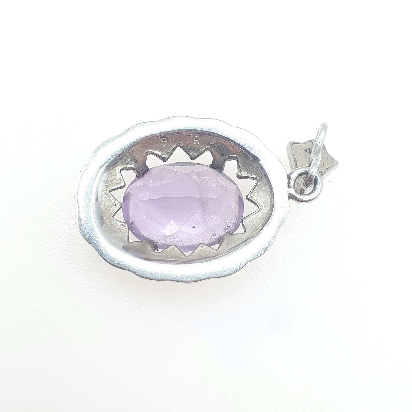 Antique Art Deco Solid Silver Amethyst Pendant Marcasite Border Oval Cut Purple Quartz Gemstone Necklace Womens Jewellery Jewelry
