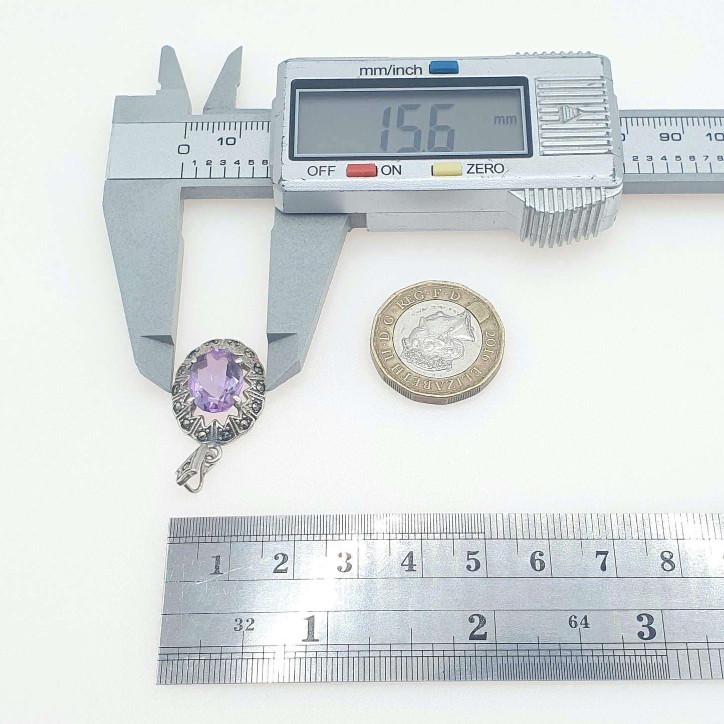 Antique Art Deco Solid Silver Amethyst Pendant Marcasite Border Oval Cut Purple Quartz Gemstone Necklace Womens Jewellery Jewelry
