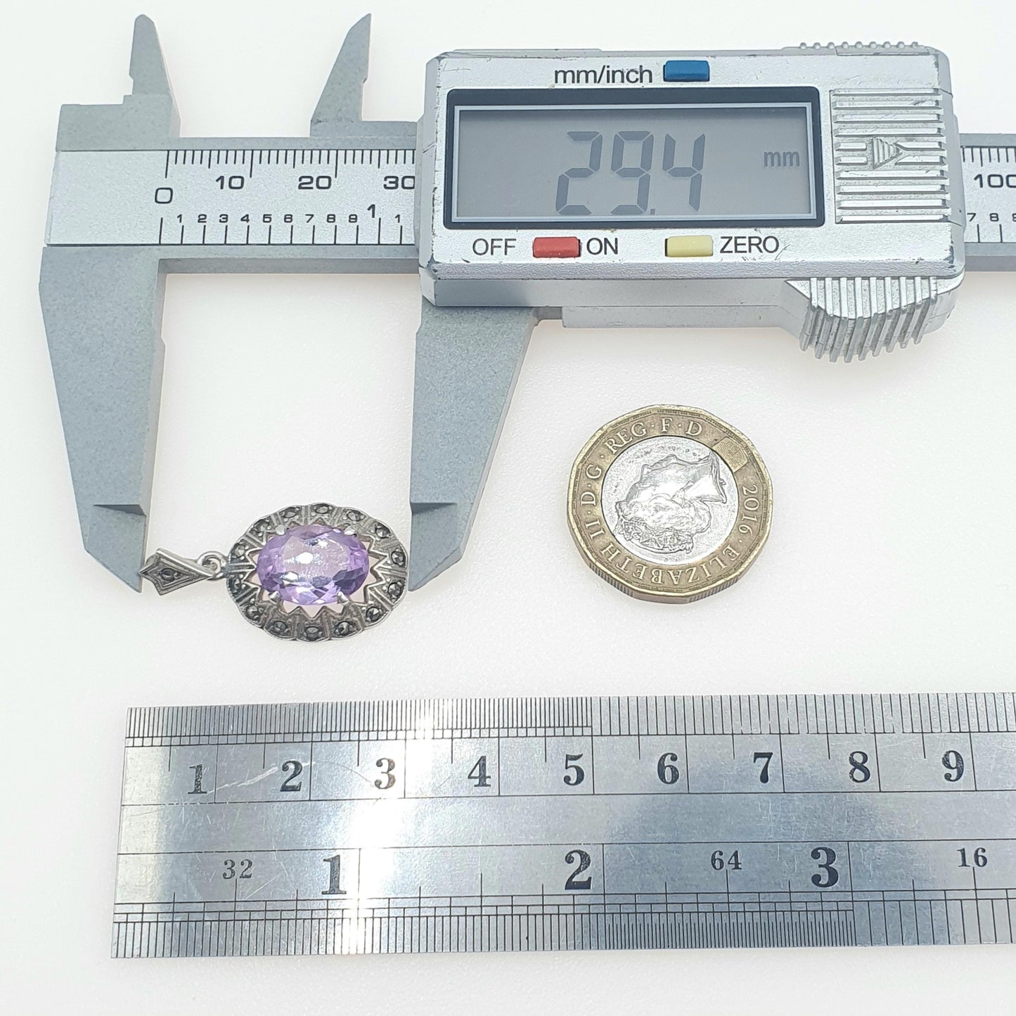 Antique Art Deco Solid Silver Amethyst Pendant Marcasite Border Oval Cut Purple Quartz Gemstone Necklace Womens Jewellery Jewelry